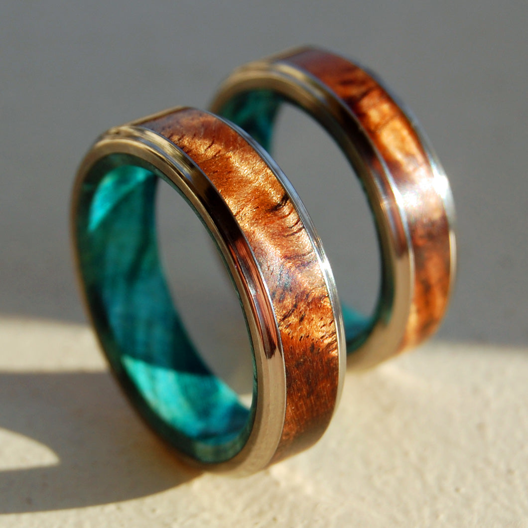 Turquoise Night Hawaiian Koa Wood Titanium - Unique Wedding Rings - Wedding Rings Set Minter And Richter Designs