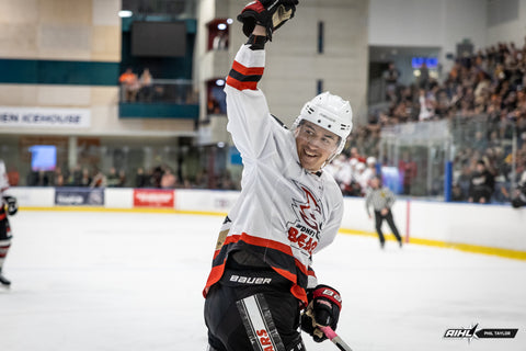 Sydney Bears' forward Tommy Steven celebrates scoring against the Melbourne Mustangs