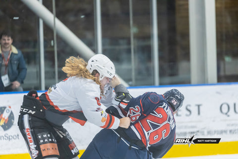 Sydney Bears' forward Thomas Moncrieff takes down Darcy Flanagan of the Melbourne Ice