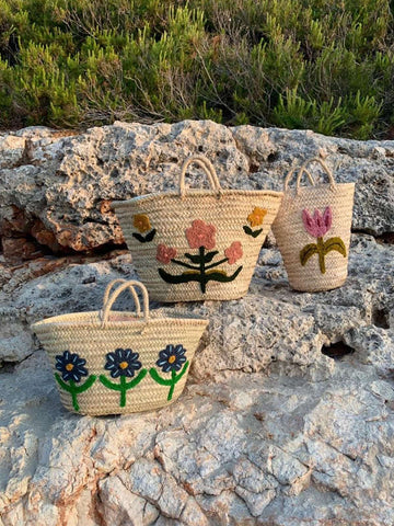 Hand Embroidered Baskets, Bohemia Design, Posy, Daisy and Tulip