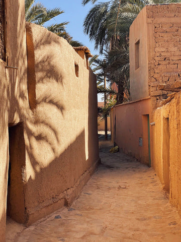 Path through traditional earth built houses in Morocco