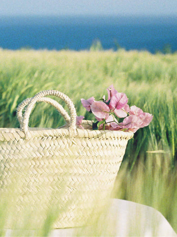 Bohemia Design Cornwall Photoshoot, Market basket in the Long Grass Styled with Flowers