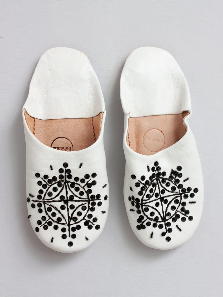 Moroccan Babouche Sequin Slippers, White & Black | Bohemia Design