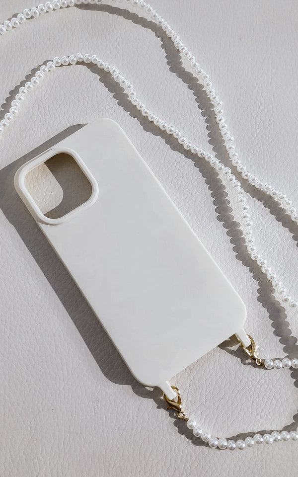 Elegant Pearl Holder with Ribbon Chain White Phone Case for iPhone