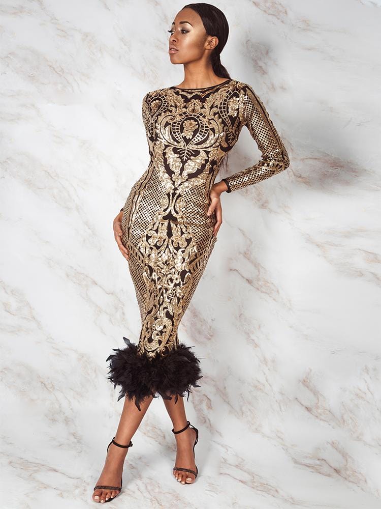 sequin dresses with feathers