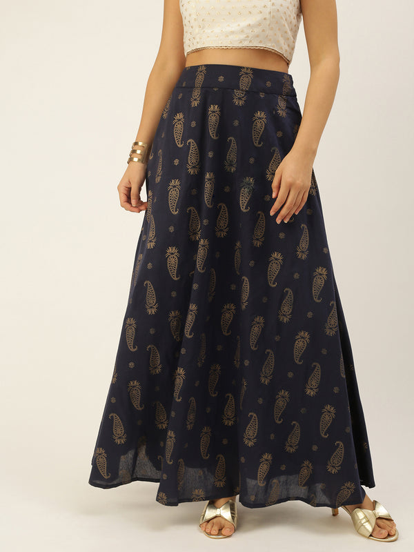 De Moza Women Blue & Gold-Coloured Woven Bottom Flared Maxi Jacquard Skirt  - Absolutely Desi