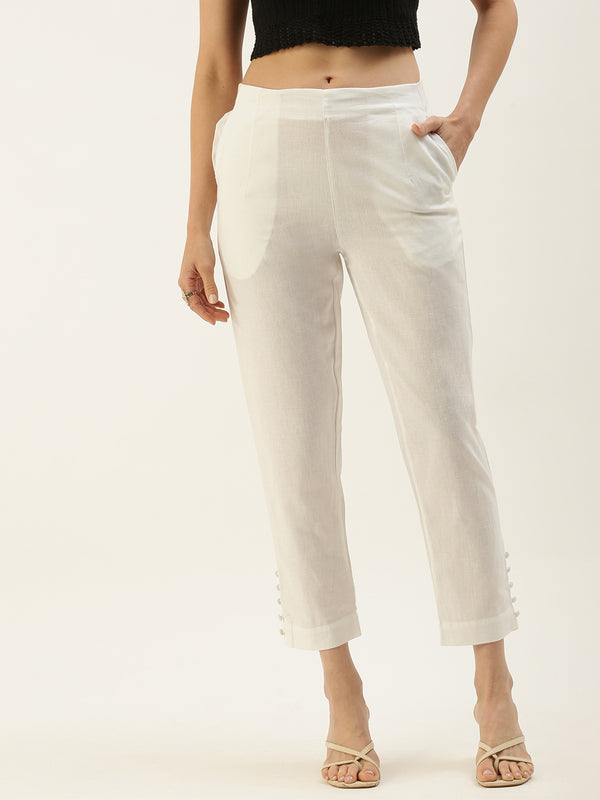 De Moza Womens Cigarette Pant Woven Bottom Solid Polyester Offwhite S