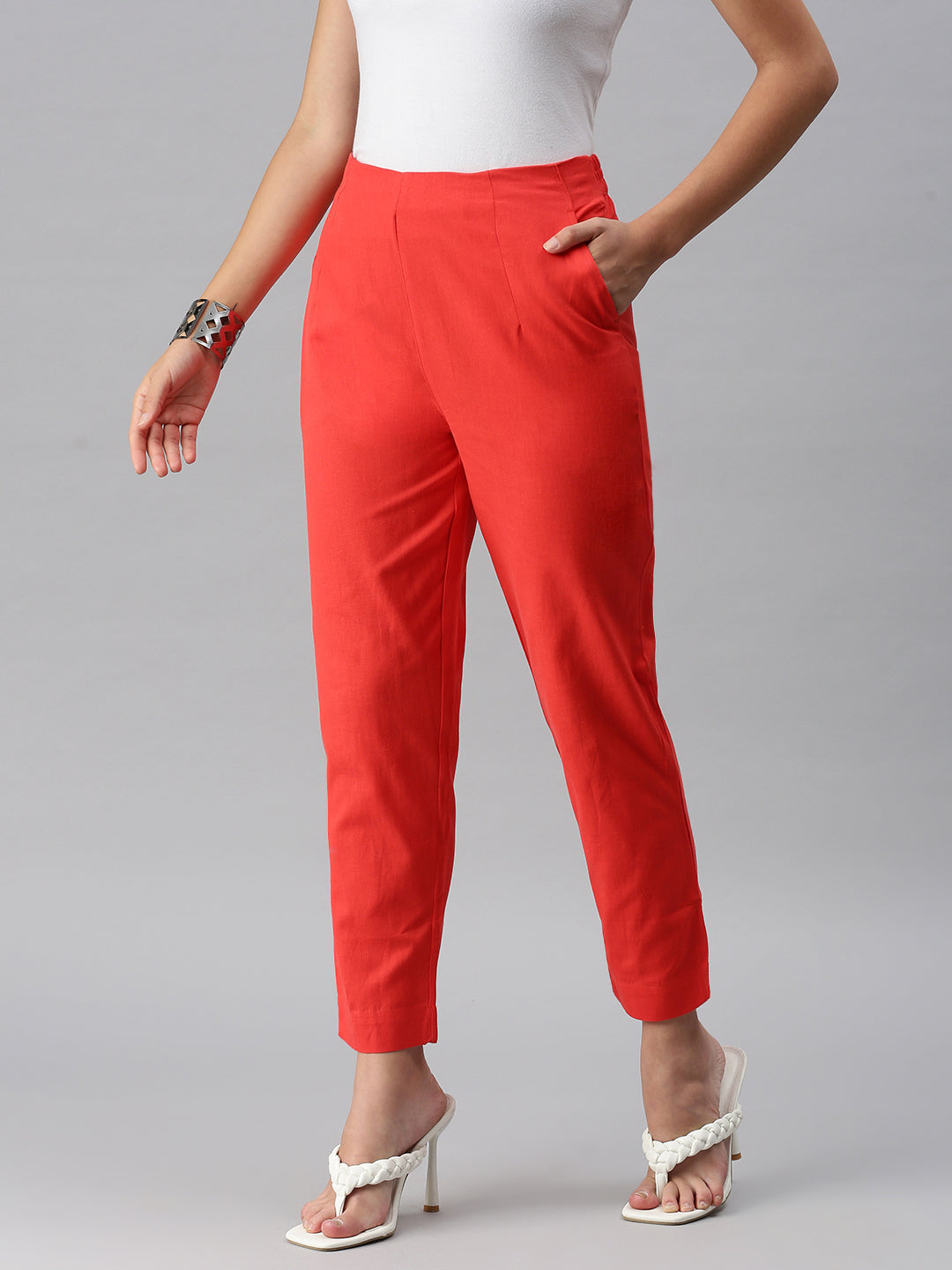 PATRORNA Red Mid Rise Slim Fit Cigarette Trousers