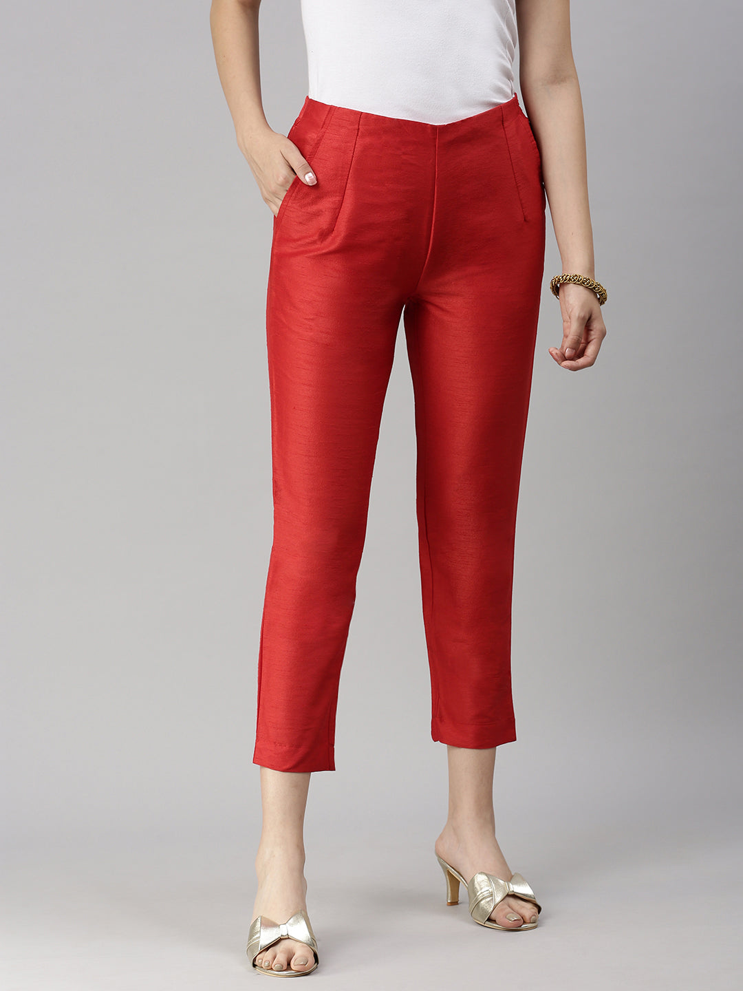 Combo: Beige & Russet Red Cigarette Pants- Set of 2 – Thevasa