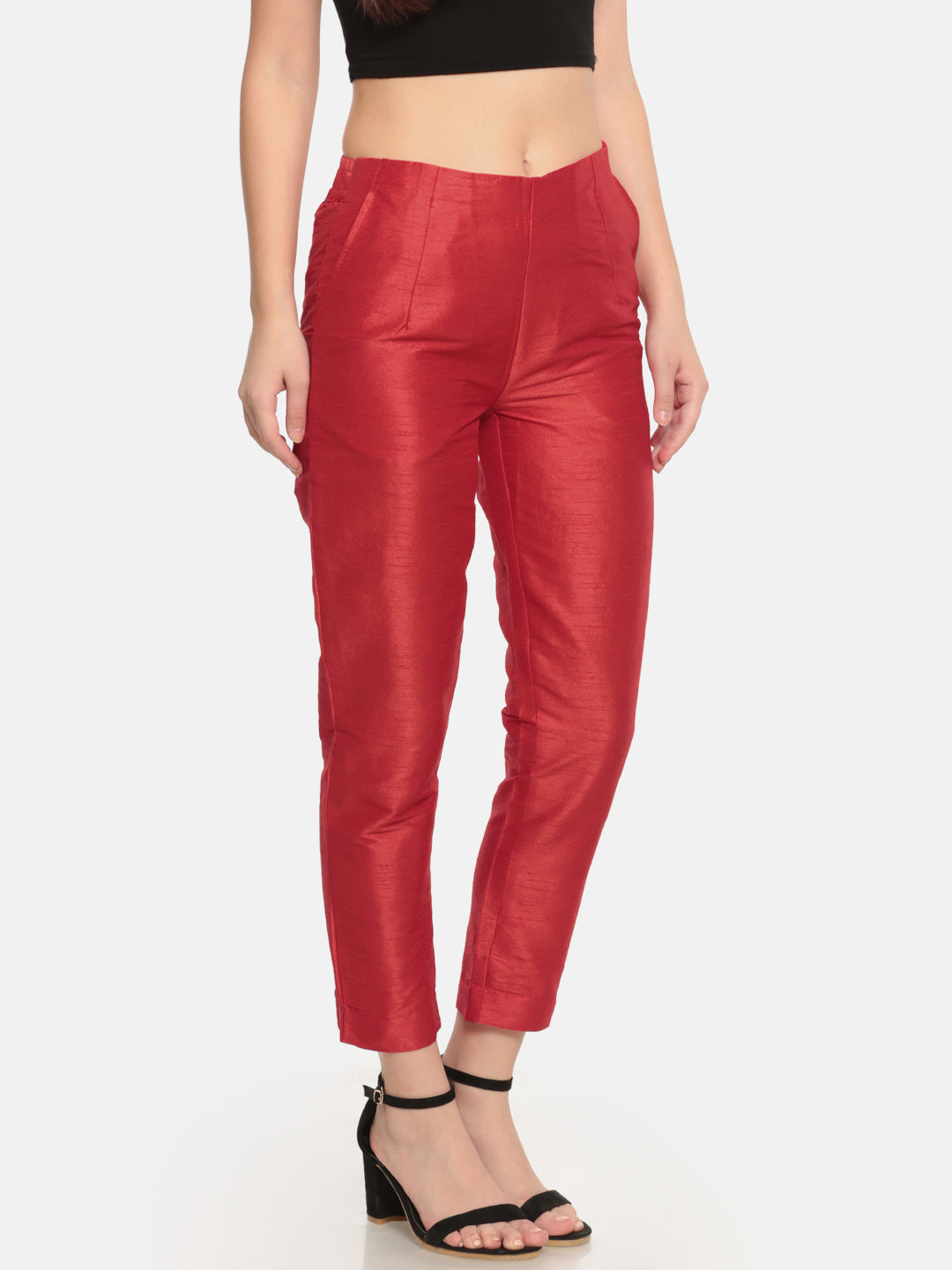 De Moza- Women Red Straight Fit Solid Trouser | De Moza