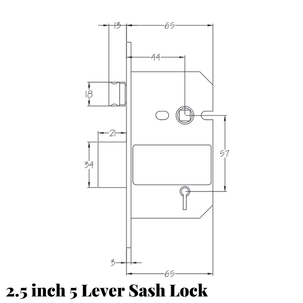 2.5 inch 5 lever sash lock drawing with measurements