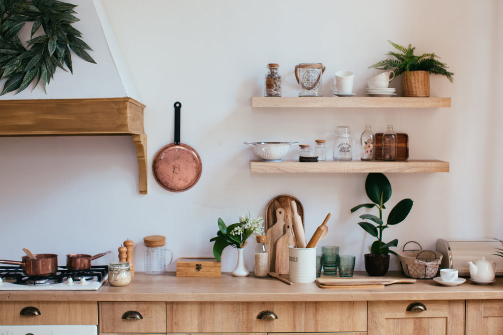 Vintage kitchen with reclaimed wood and open shelves