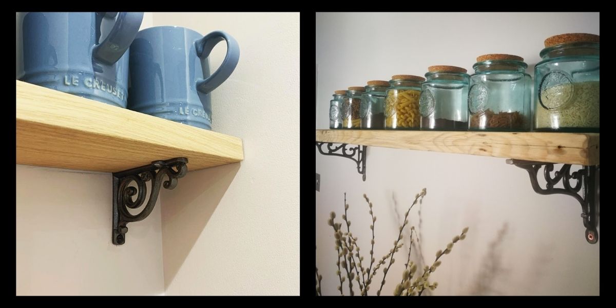 Decorative shelf brackets on shelves