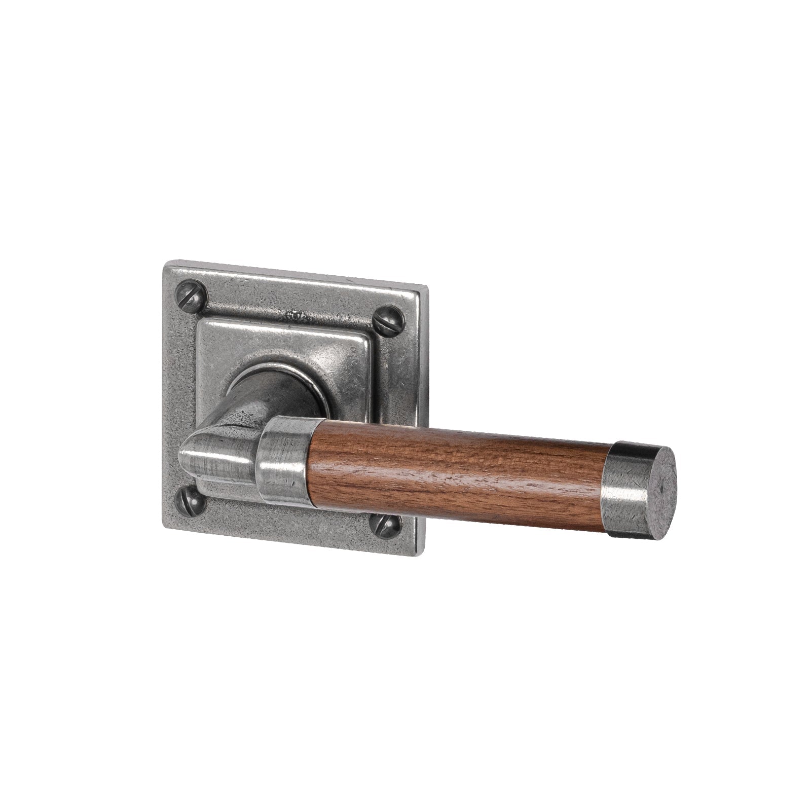 pewter door handles, Finesse pewter, pewter and walnut handles, lever on square rose door handles