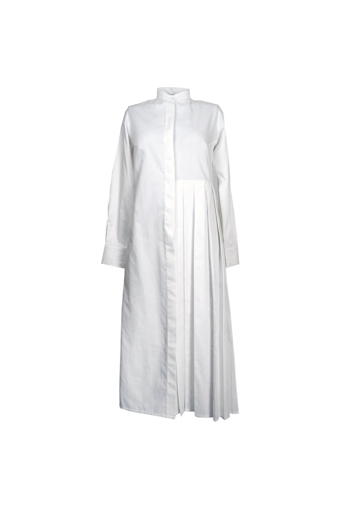 white pleated shirt dress