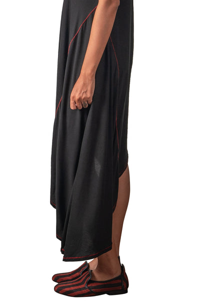 Shop Emerging Slow Fashion Genderless Avant-garde Designer Mark Baigent Spittelberg Collection Black Tencel with Red Contrast Stitching Asymmetric Hack Dress at Erebus