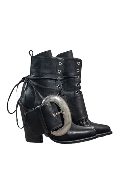 Shop Emerging Slow Fashion Genderless Avant-garde Designer Mark Baigent Spittelberg Collection Black Reclaimed Leather Sotadic Boots at Erebus