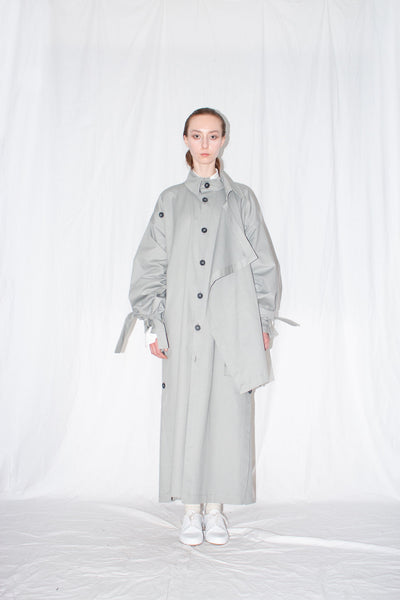 Agender Slow Fashion Brand Ludus Grey Asymmetric Twill Coat at Erebus