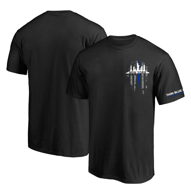 Men's T-Shirt, Thin Line New York Skyline, Small Logo - Thin Blue Line USA