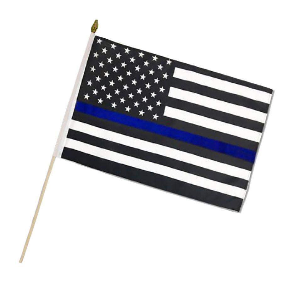 Thin Blue Line Wooden Stick American Flag - 12 x 18 Inches