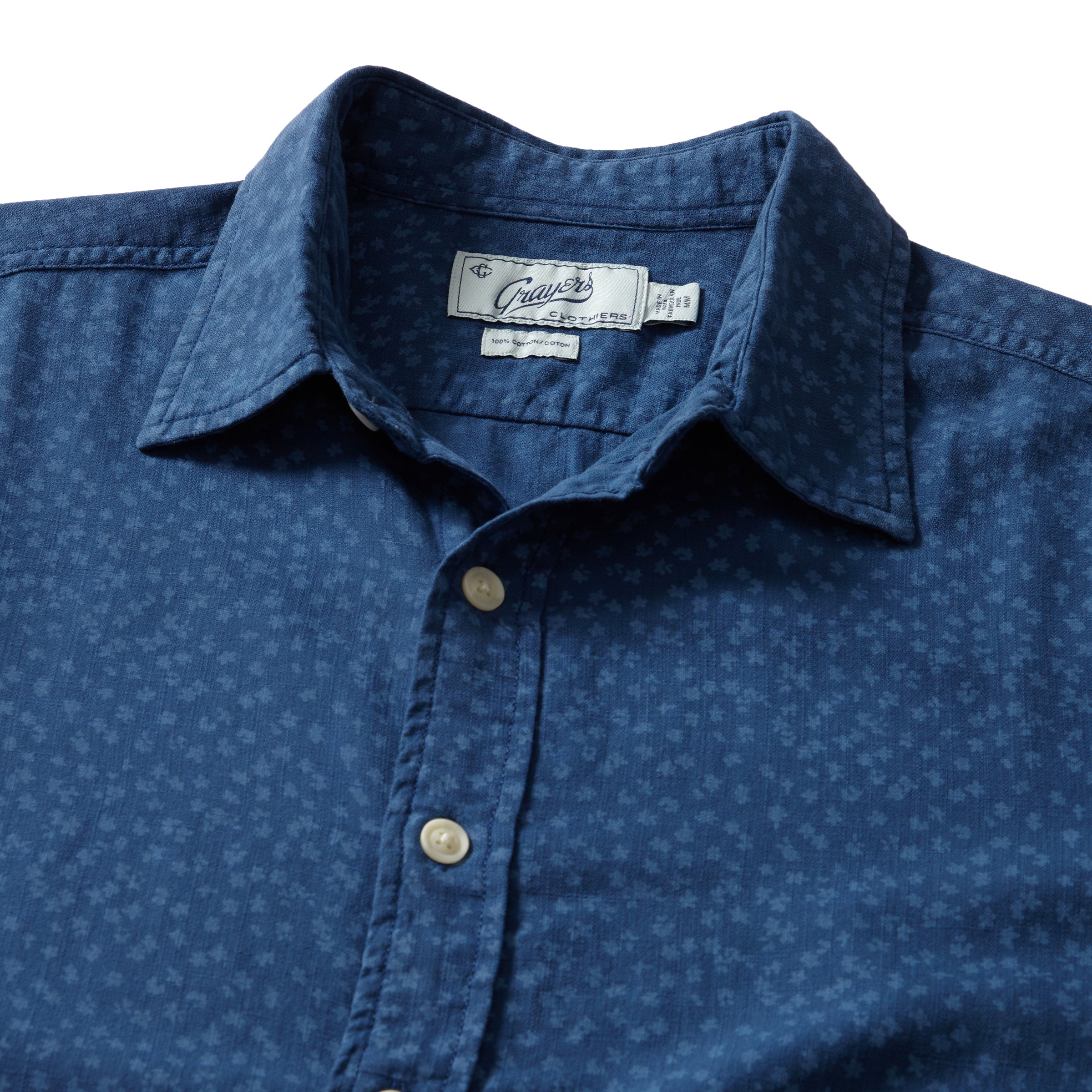 Goulden Printed Slub Herringbone Short Sleeve Shirt - Blue Indigo
