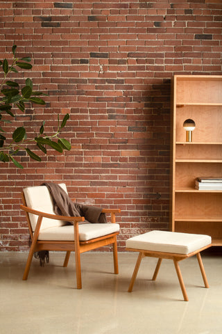 Cozy reading corner featuring the Nautilus Lounge Chair and Ottoman, tall Lubec Shelf, and A Dipping Light