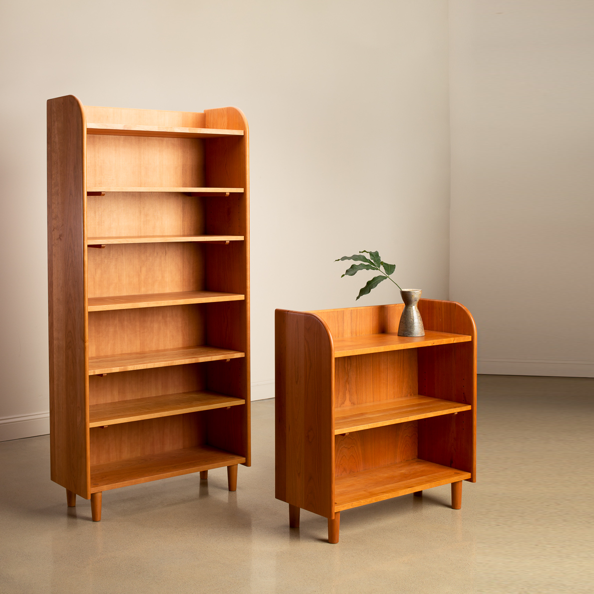 Tall and short Ricker Shelves in cherry wood