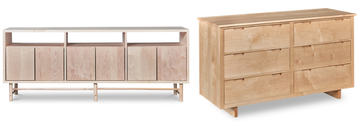 Comparison of newly built maple Navarend Media Stand with light pink color and aged maple Foundation dresser with golden honey color