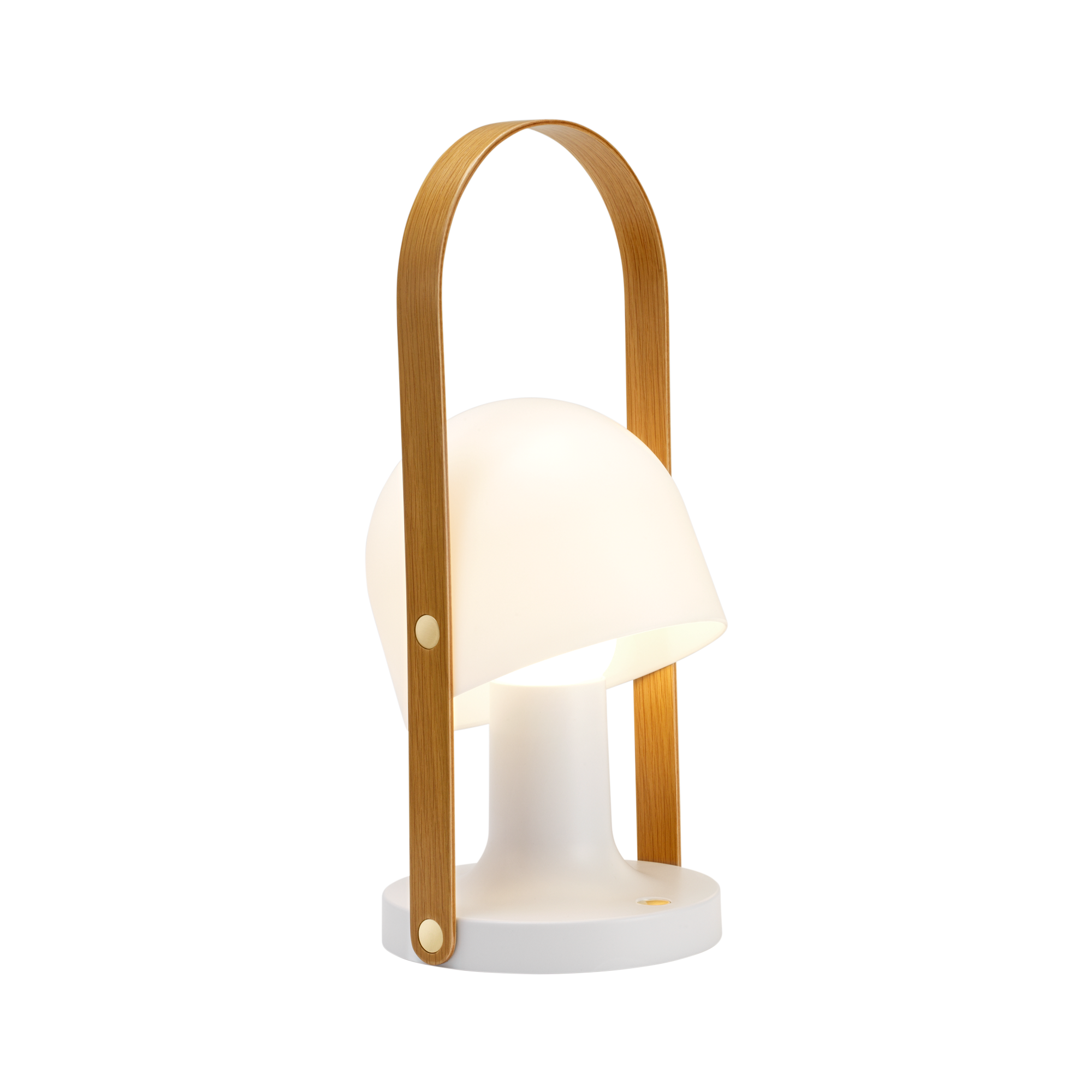 Small portable lamp with white mushroom shaped shade and bent wooden handle