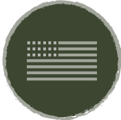 Stylized American flag icon in a green circle.
