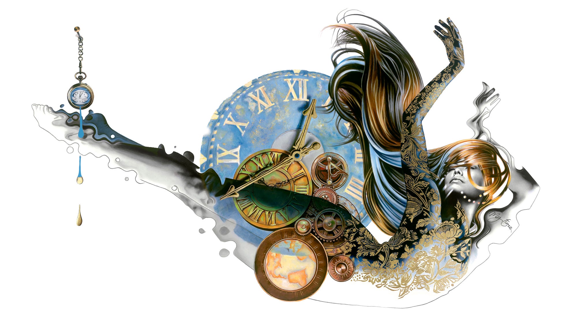 My Time Realistic Figure Woman Painting Floating With Clocks Compasses And Gears Karina Llergo Art