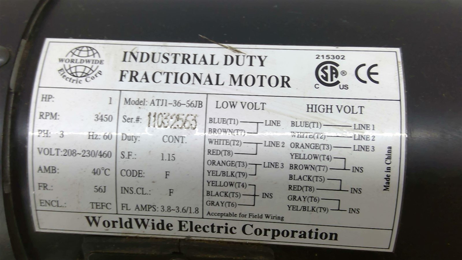 Worldwide ATJI-36-56JB 1 HP 3600 RPM 208-230/460 60Hz 3PH 56J Tefc – BME  Bearings and Surplus