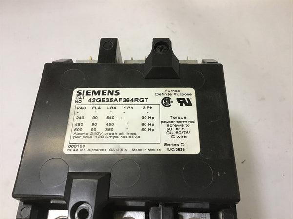 SIEMENS 42GE35AF364RGT CONTACTOR SERIES D 120V COIL 3 PH 60 HP 480