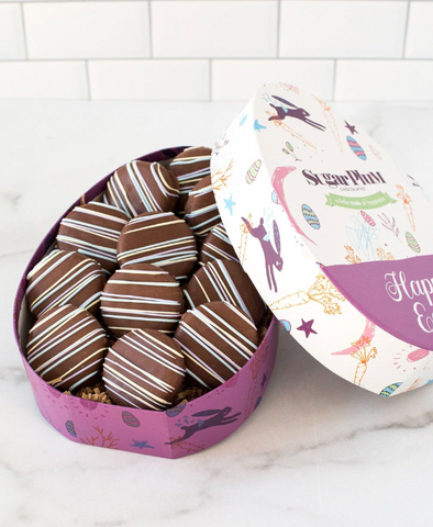 Easter egg shaped box full of chocolate covered cookies