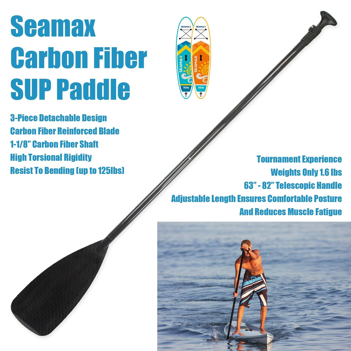 SUP Paddle with Seamax Marine - Rigid Fibergl Shaft 3-Sections Aluminum and Adjustable