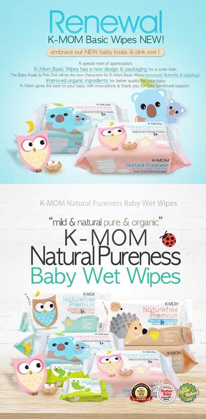 K-Mom Natural Pureness Baby Wet Wipes 3 Packs (100pcs) + Free 1 Packs Wet Tissue (10pcs)