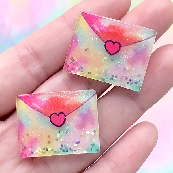 Glittery Love Letter Cabochons | Magical Decoden Pieces | Kawaii Resin Embellishment for Phone Case Deco (2 pcs / 27mm x 21mm)