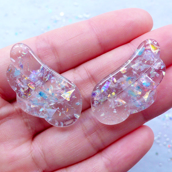 Clear Angel Wing Cabochons with Holographic Flakes | Kawaii Magical Gi ...