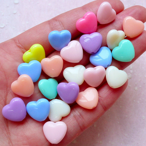 Pastel Heart Beads (12mm x 11mm / Rainbow Color / 30pcs) Decora Acryli ...