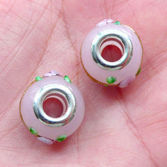 Floral Lampwork Glass Bead (2pcs / 15mm x 10mm / Pink) Flower Beads Big Hole Beads European Bead Focal Bead European Bracelet Making CHM2024