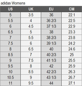 Womens adidas footwear size guide