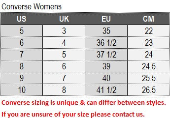 Womens Converse Footwear Size Guide