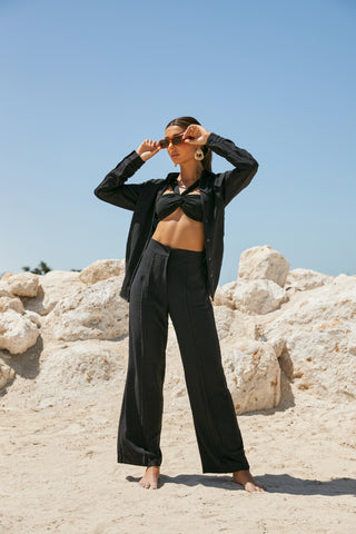 Vero Moda shirred waist beach pants in black | ASOS