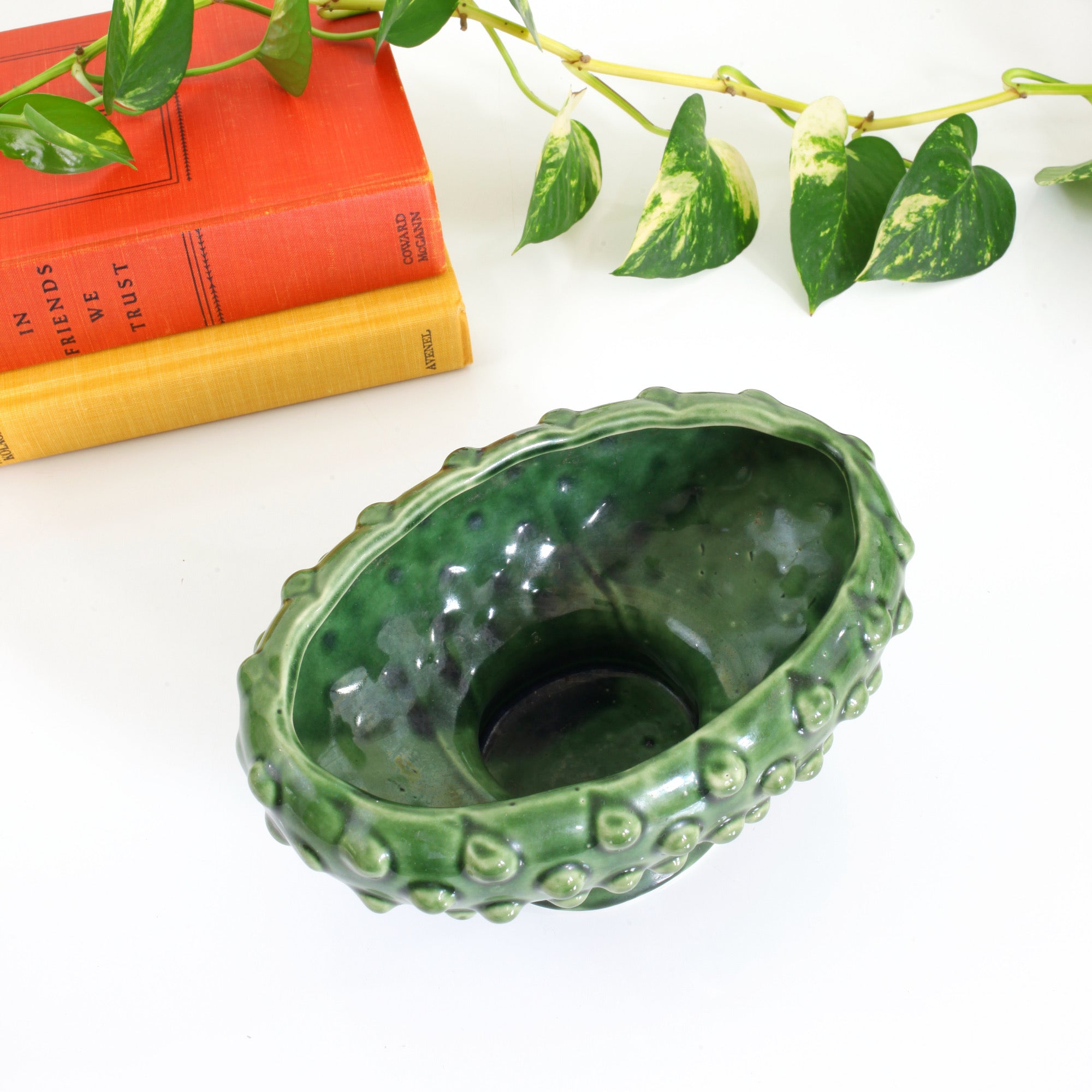 SOLD - Mid Century Green Hobnail Pedestal Planter