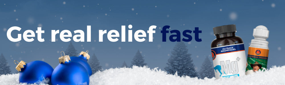 Get real relief fast. blue background with snow and Outback products.