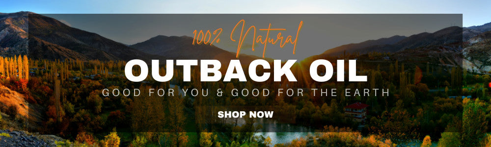 100% Natural Outback Oil. Good for you & good for the Earth (background of mountains)