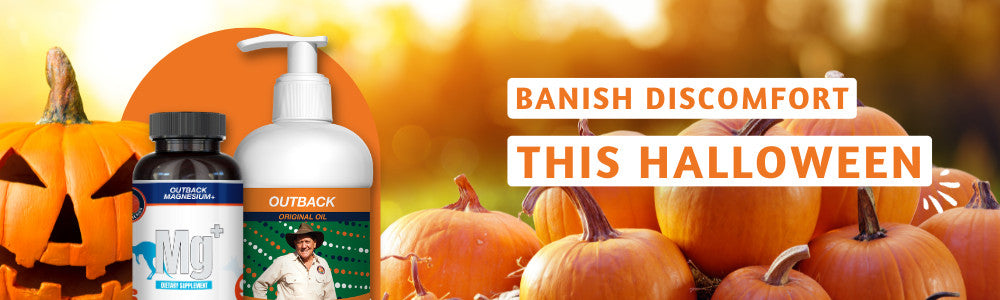 Banish discomfort this Halloween. pumpkins in a pile on the right side.