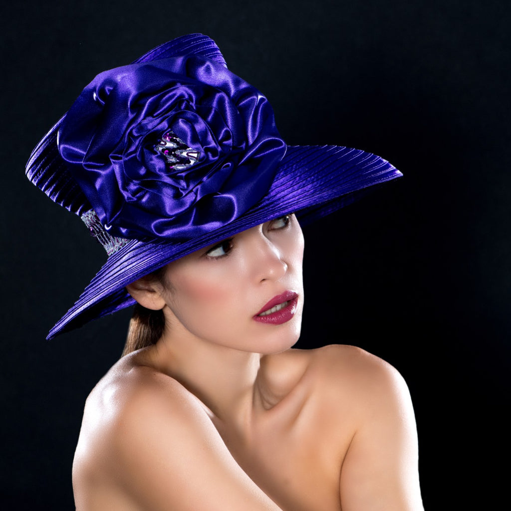 Purple satin wide brim church hat with sequin trim - Shenor Collections