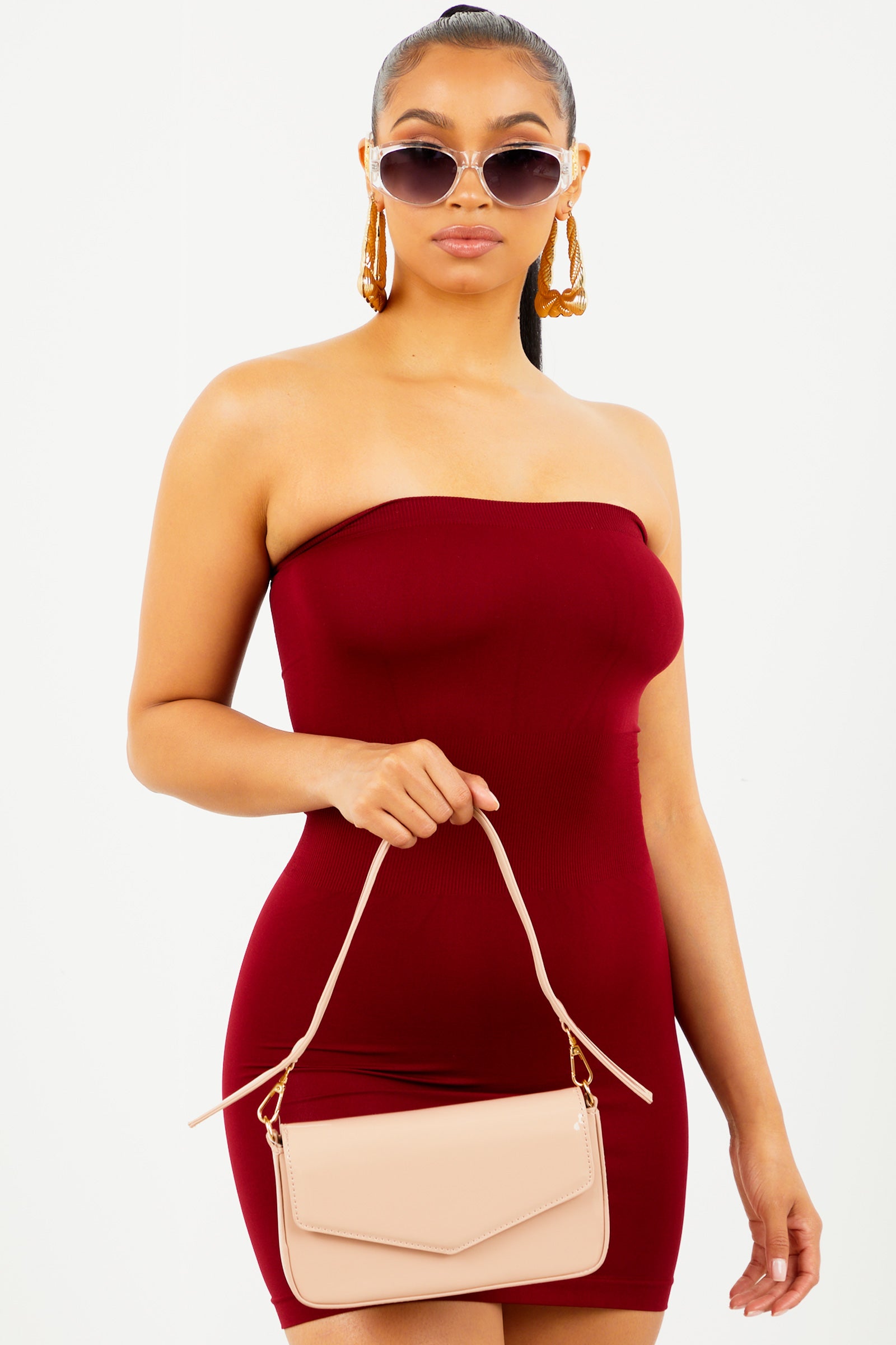 red tube top dress