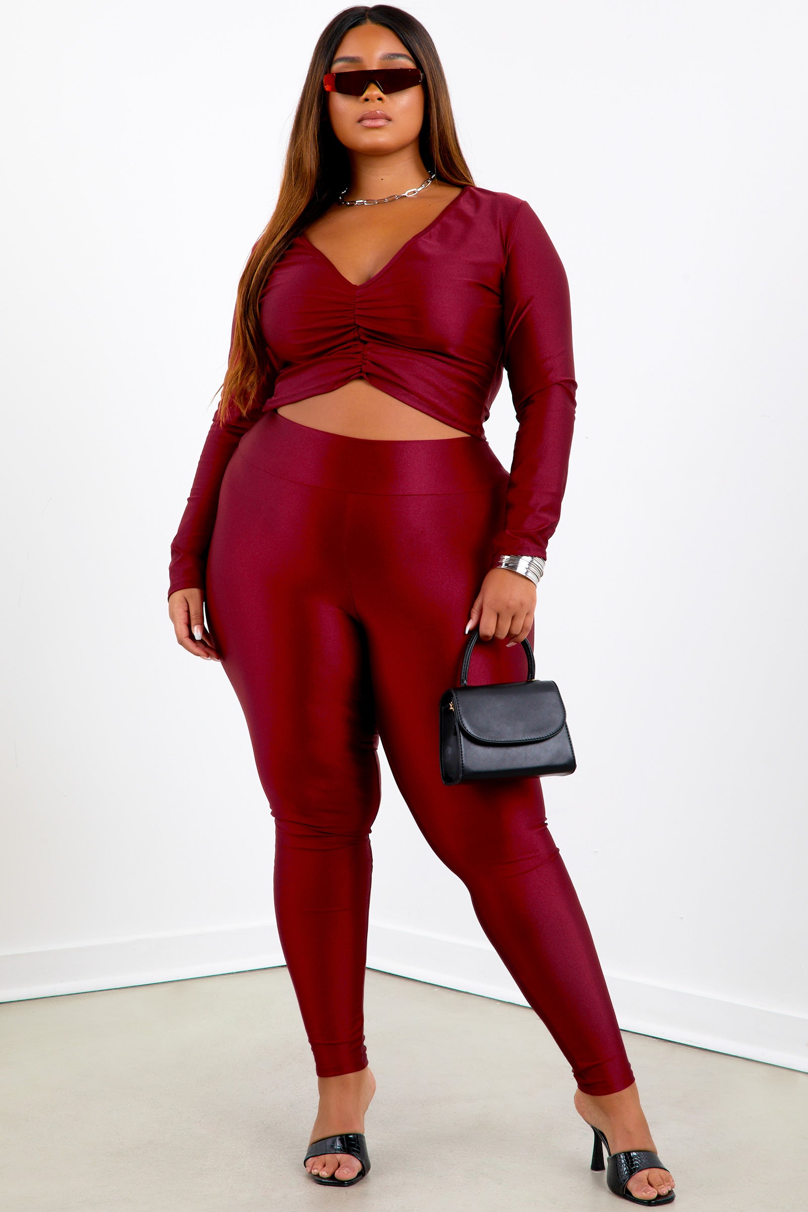 burgundy shiny leggings